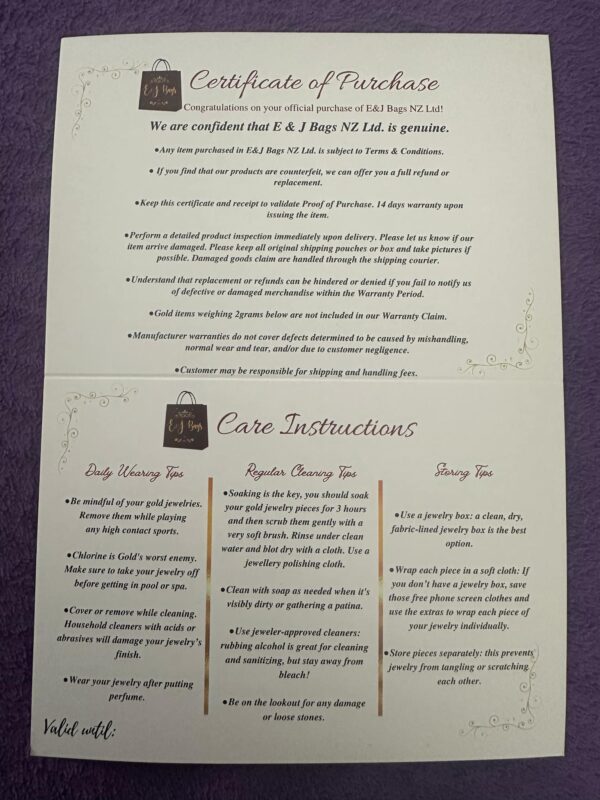 Certificate of Purchase and Care Instructions